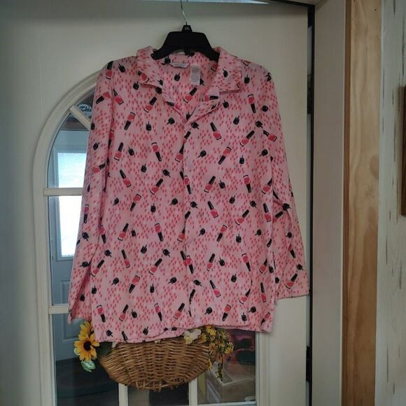 New Mayfair Pink With Nail Polish Fleece Pajama Set Size Women's L - Picture 1 of 3